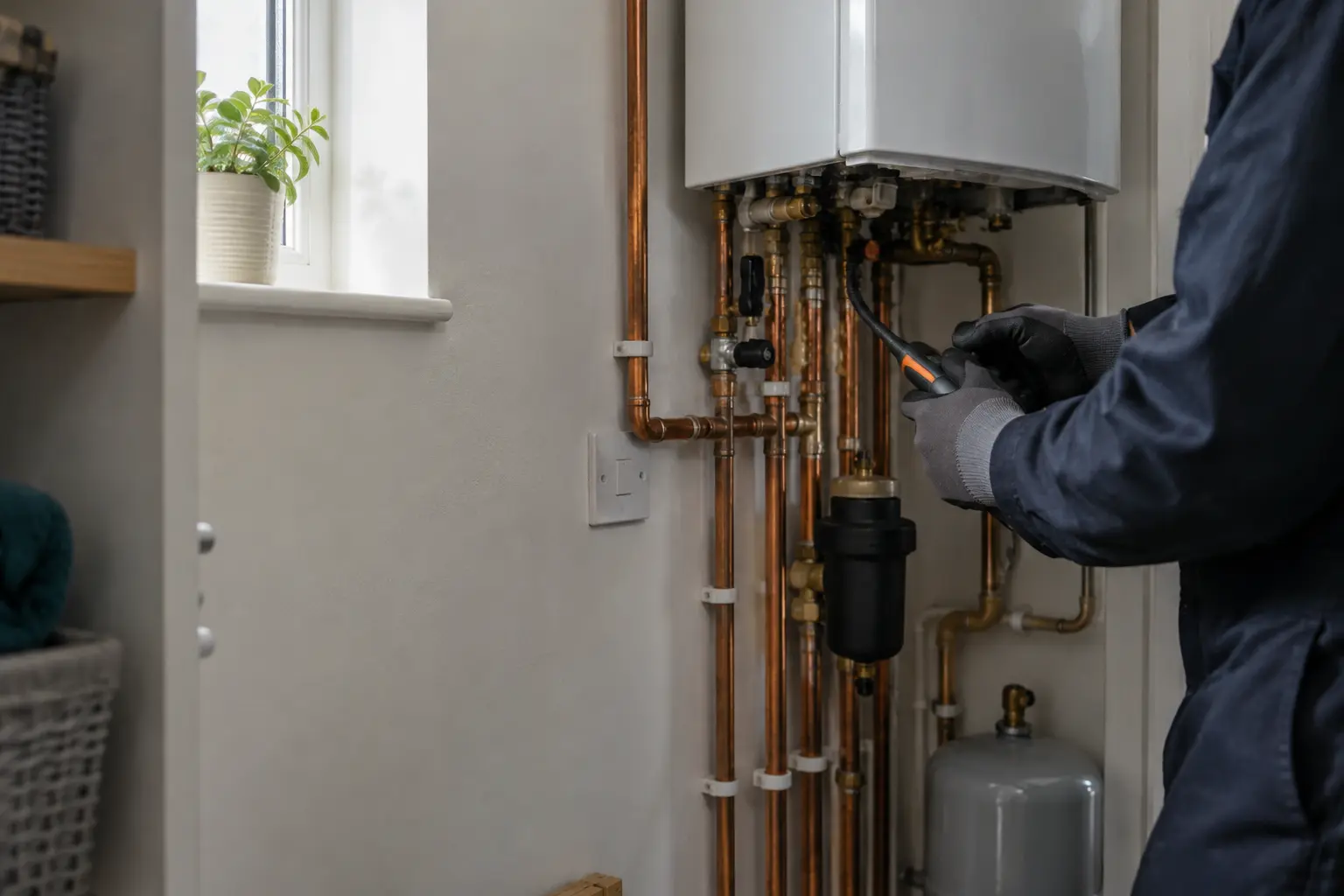 A heating engineer inspecting boiler pipework in a UK home